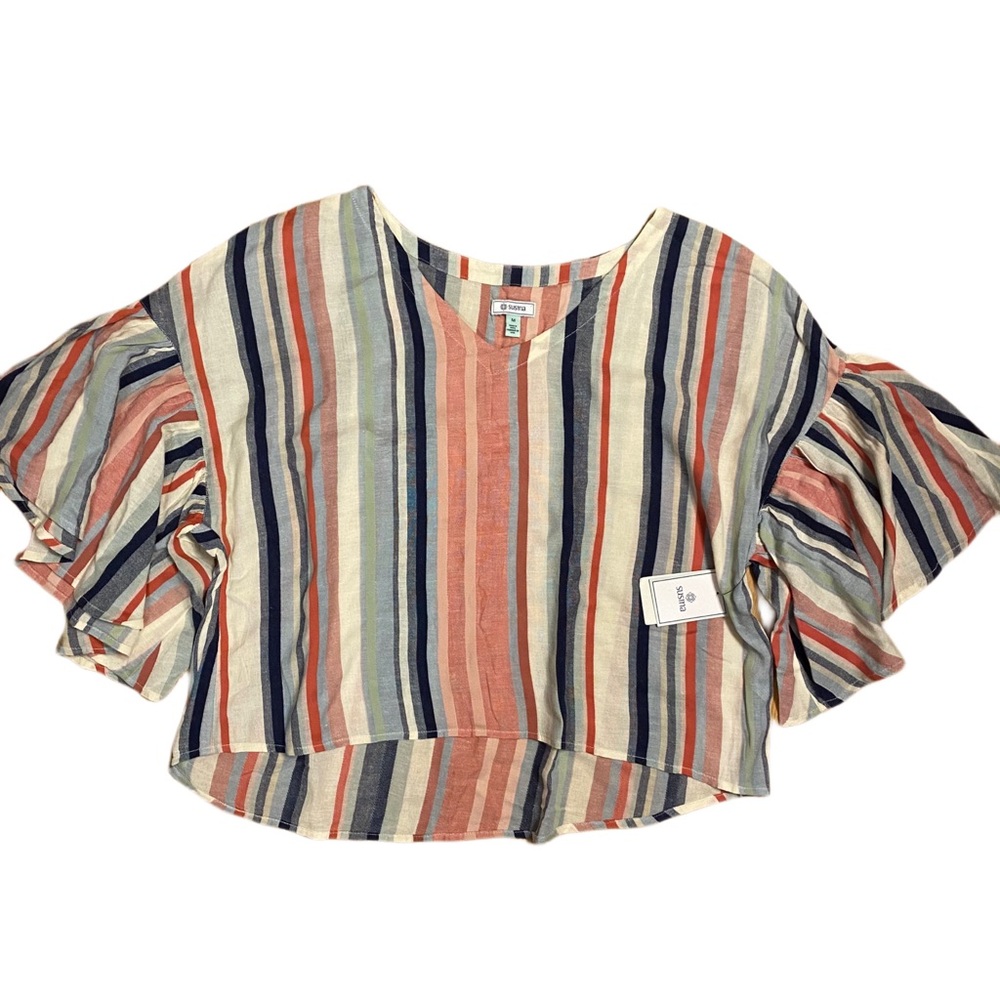 Susina Oversized Cropped Boho Top with Ruffle Sleeves Size: M